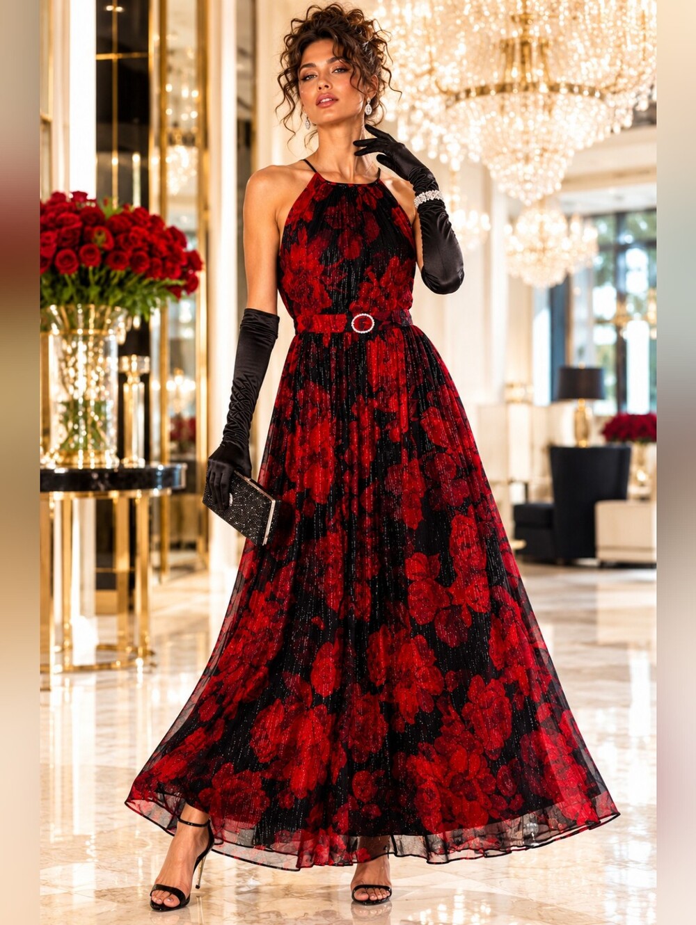 Red Floral Halter Maxi Dress with Belted Waist